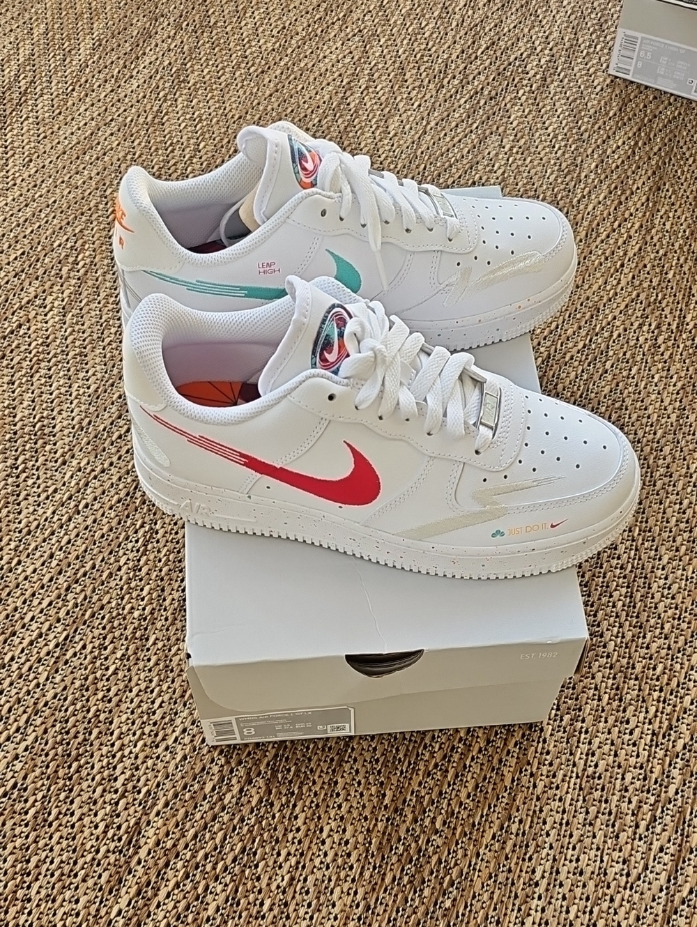 Nike White Air Force 1 '07 LX Sneakers with Pink, Yellow, Teal And Orange